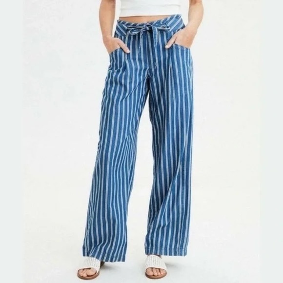 American Eagle Striped Blue Wide-Leg Pants Size 10 - Picture 1 of 8